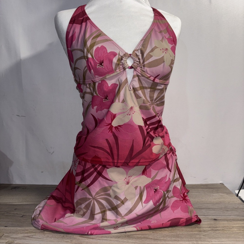 Girls 14 Pink Floral Lined Halter Top Tankini Skirt Swimsuit Classic Elements